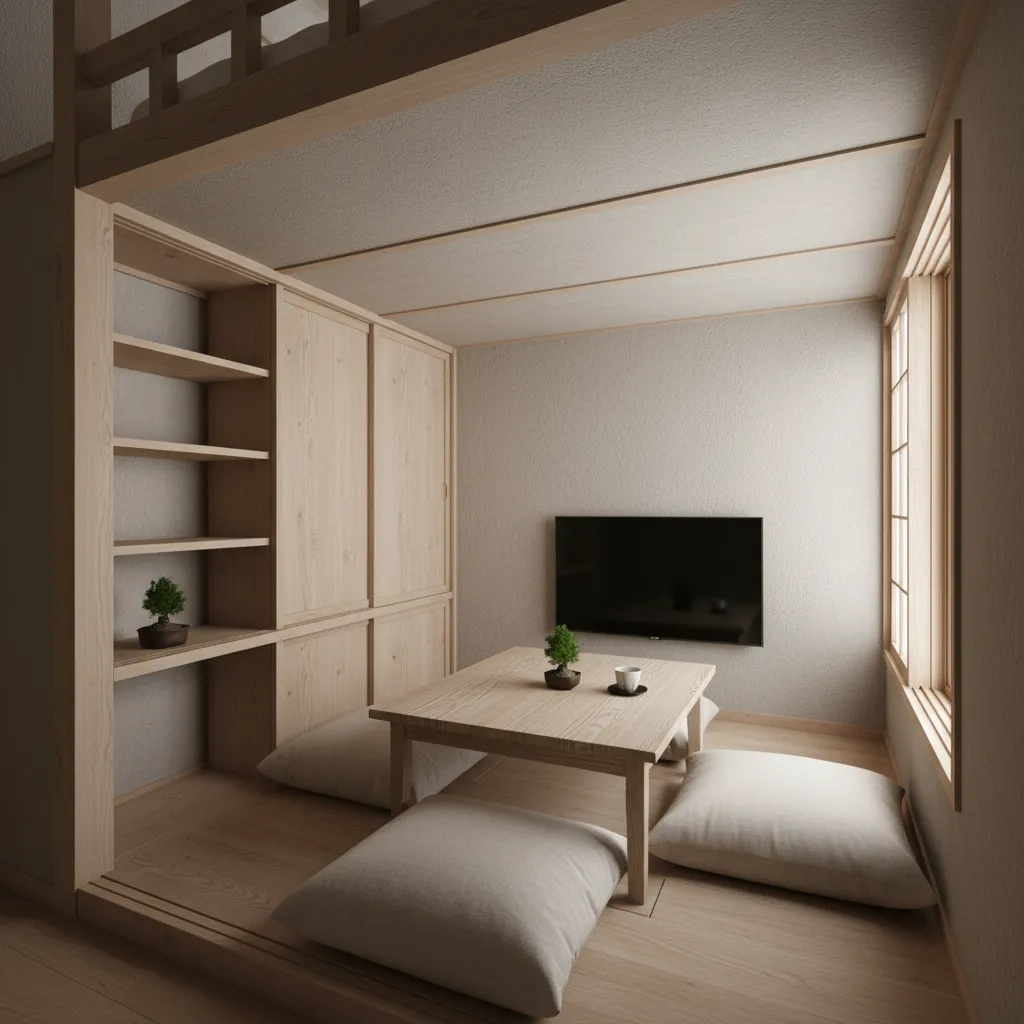 下階は「低い家具×縦」を徹底：日式風格で視線を流す