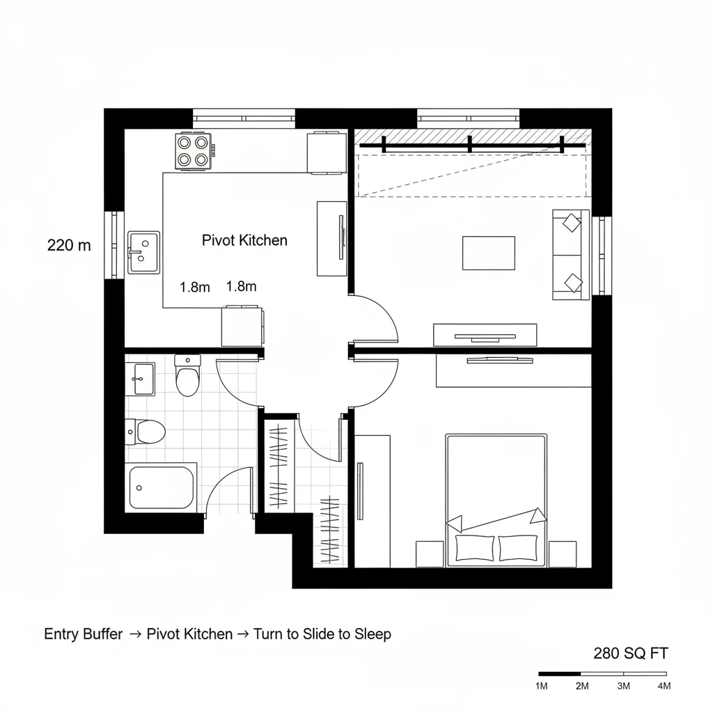 Top-down L-frame micro suite with pivot kitchen, lounge edge, and sliding partition sleep niche