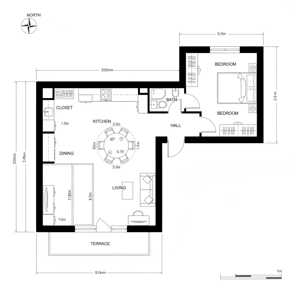 Top-down CAD plan of an L-shaped one-bedroom with social long leg and private short leg