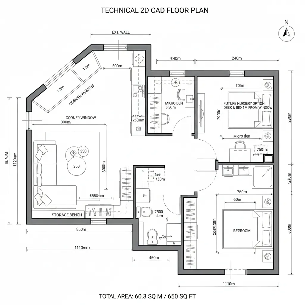Top-down CAD L-shaped plan with corner-glazed living, micro den, kitchen, and bath branching from entry