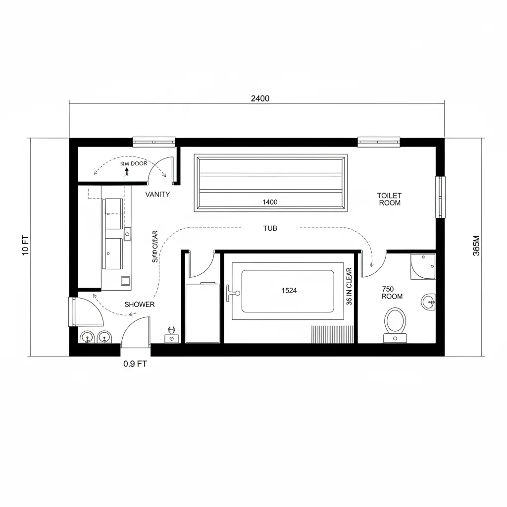 Top-down CAD plan of an L-shaped 10x12 bathroom with enclosed toilet alcove