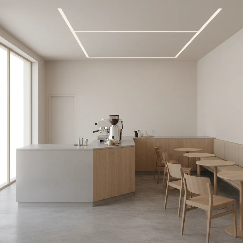 Modern minimalist cafe with L shaped coffee bar counter