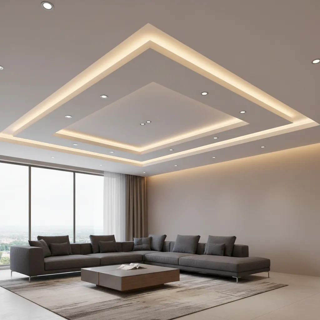 L shaped gypsum false ceiling with LED cove lighting design
