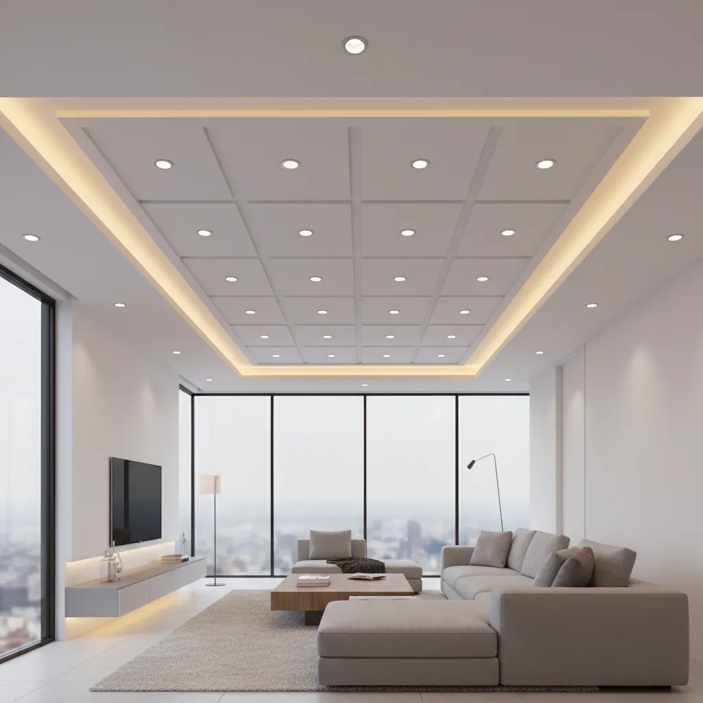 False ceiling lighting layout with recessed lights and LED cove strips