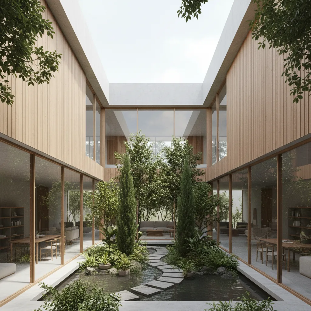 Rumah berbentuk L dengan taman di tengah