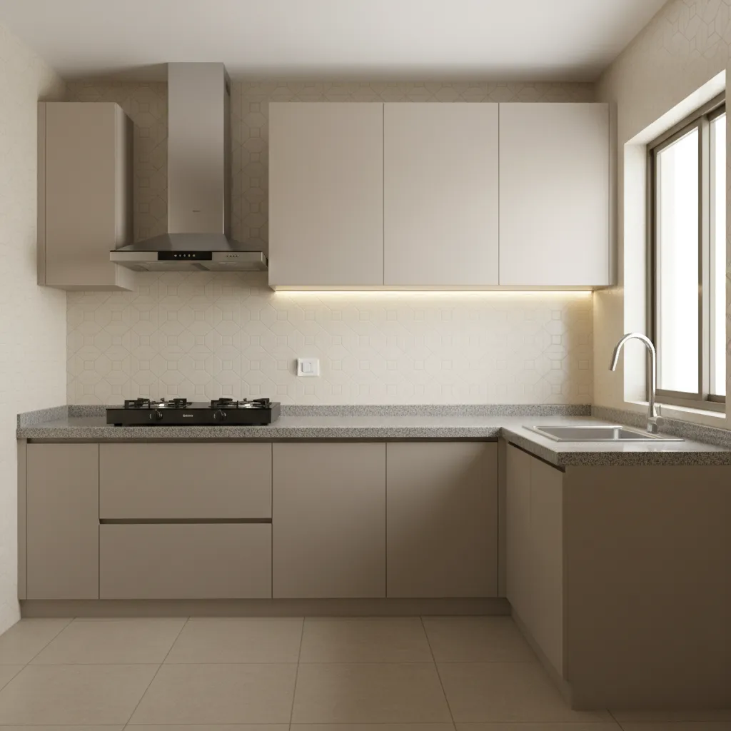 Simple L shaped Indian kitchen layout with stove sink and cabinets