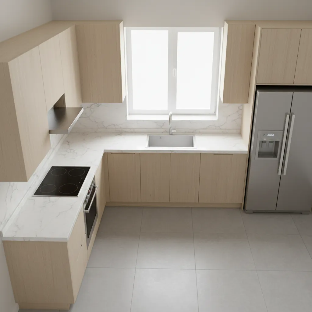 L shaped kitchen appliance placement showing sink stove and refrigerator layout