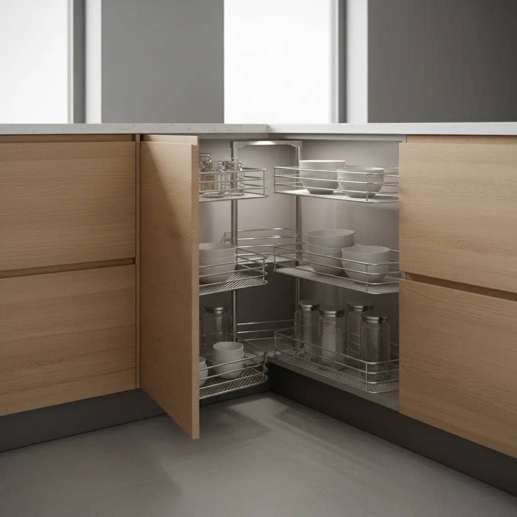 Corner cabinet storage solution in an L-shaped modular kitchen