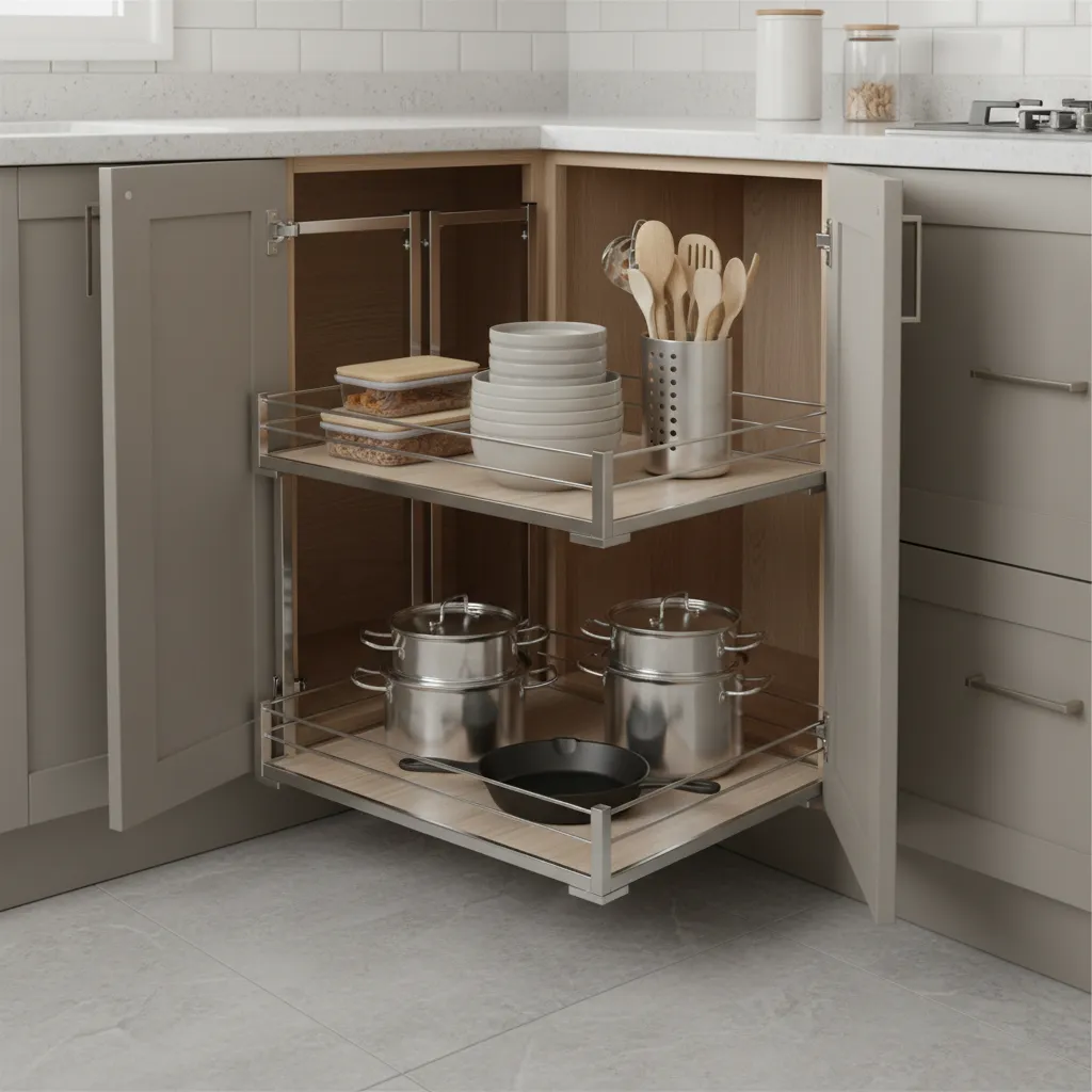 corner pull out storage system in L shaped modular kitchen cabinet