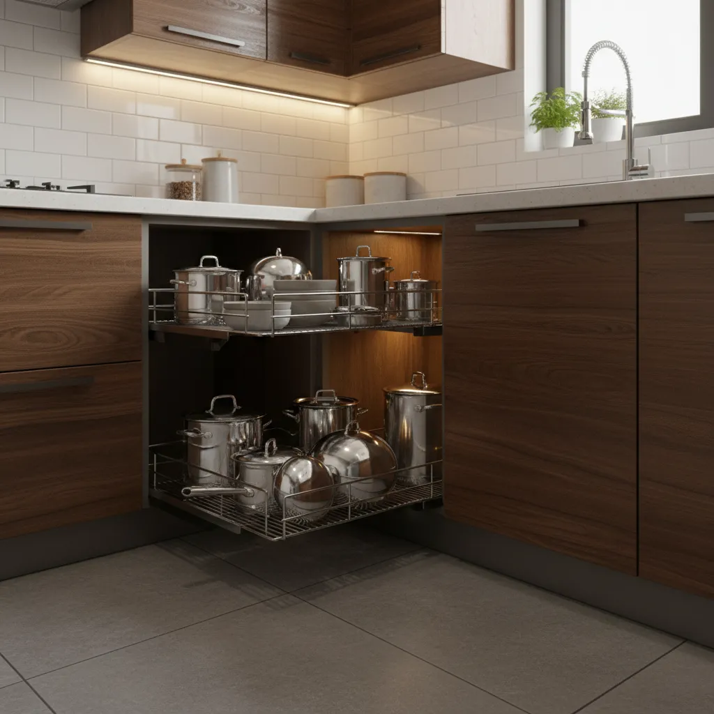 Corner cabinet storage solution in an L shaped Indian kitchen