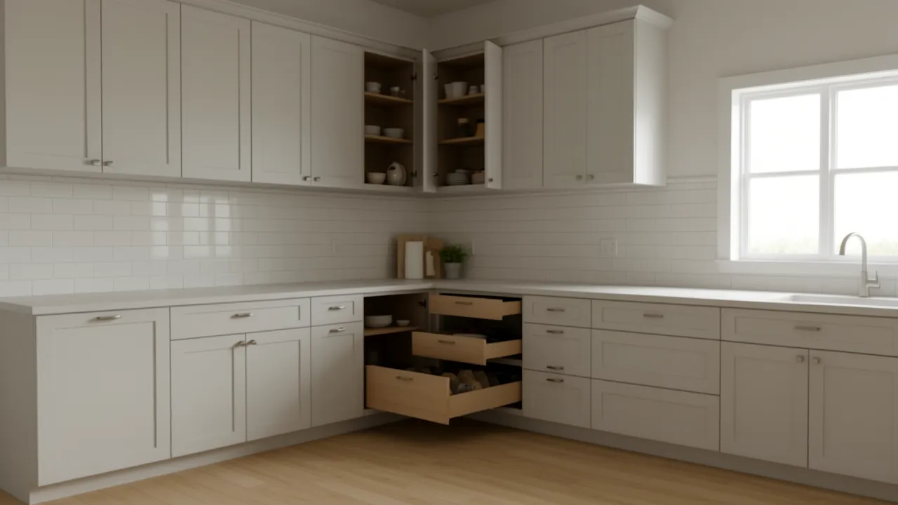 corner storage solution in L shaped kitchen cabinet with pull out system
