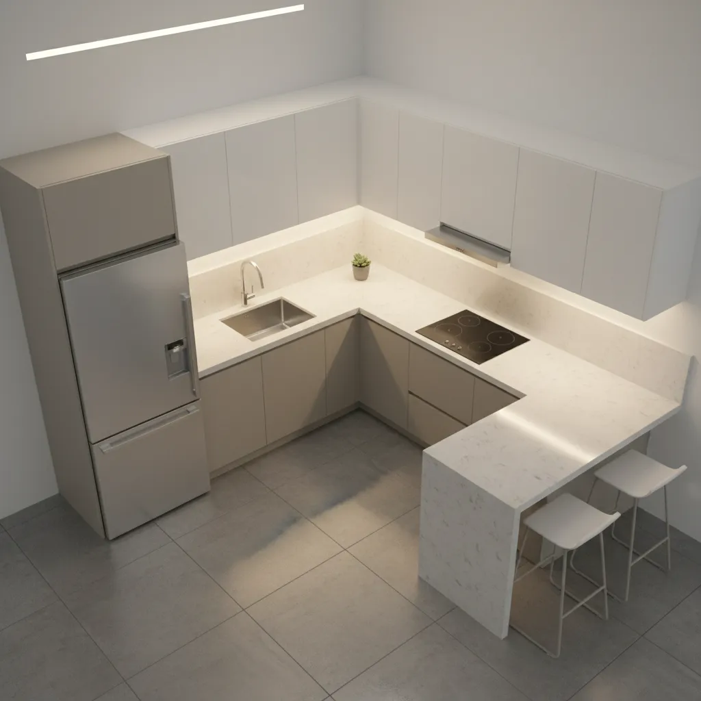 L shape kitchen layout showing refrigerator sink and stove work triangle