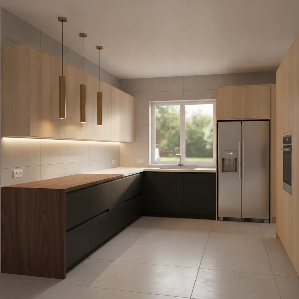 L shaped kitchen with under cabinet lighting and bright layered lighting