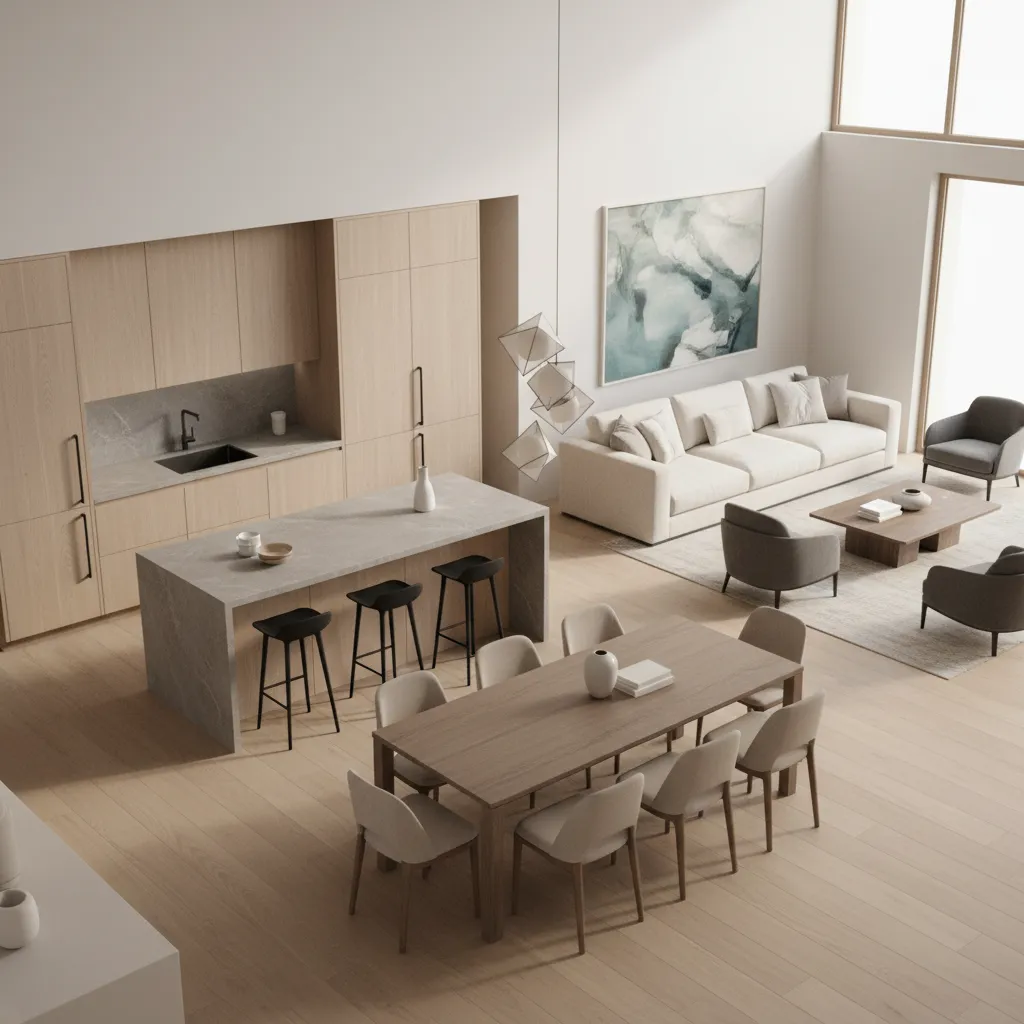 Interior design drawing of open room layout with wooden cabinets grey island and white sofa set