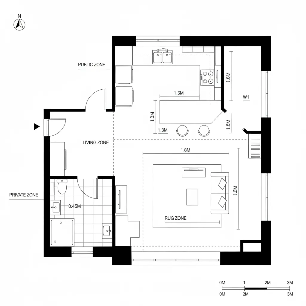 Top-down CAD plan of an L-shaped studio kitchen with a slim pocketed peninsula