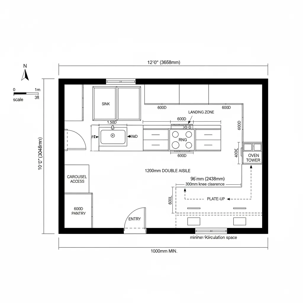 Top-down CAD plan of a 10x12 L-shaped kitchen with a 96-inch peninsula and two stools