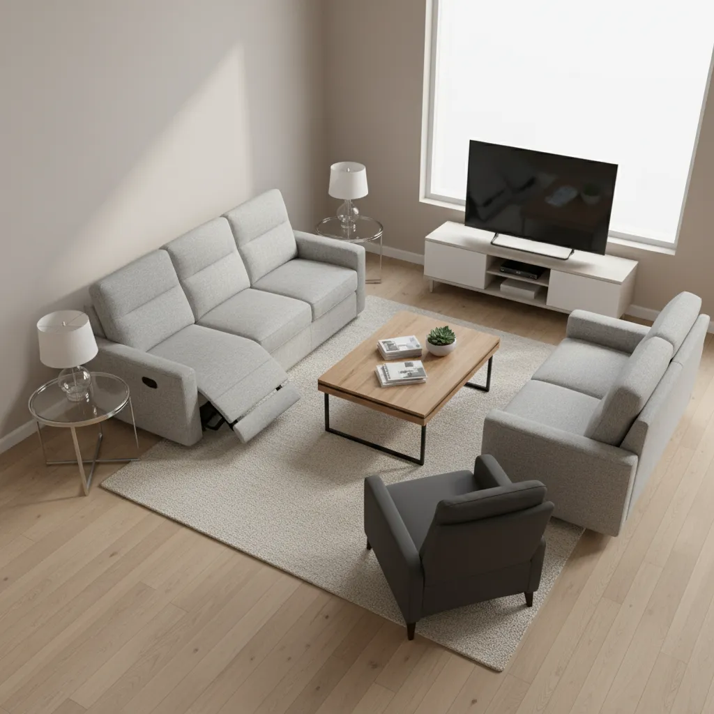 L shape layout with reclining sofa loveseat and recliner