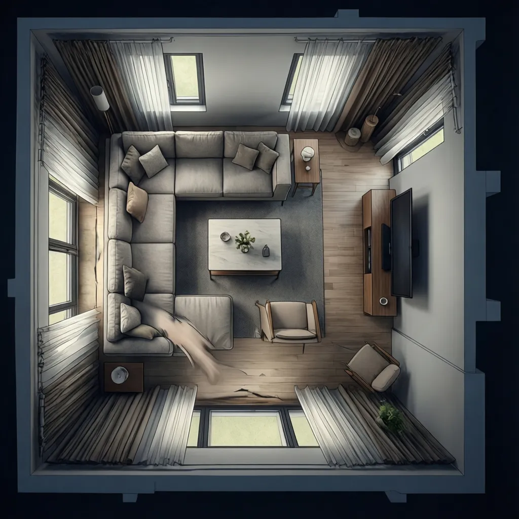 Top view living room layout showing L shaped sofa and circulation paths