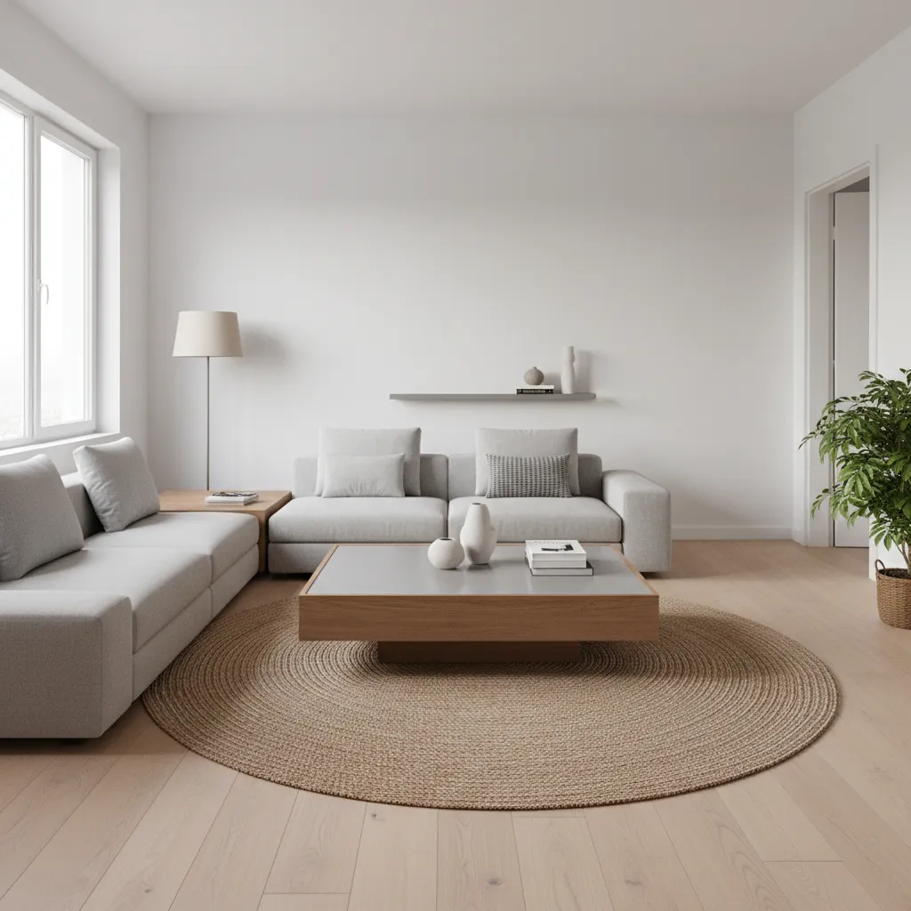 Small living room with L shaped two sofa layout around central rug