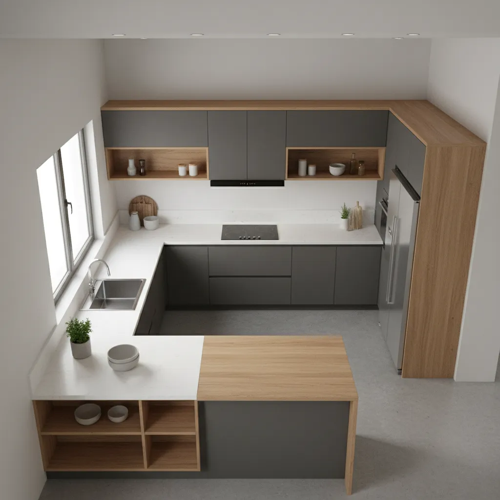 L shaped 4m x 3m kitchen layout with efficient work triangle