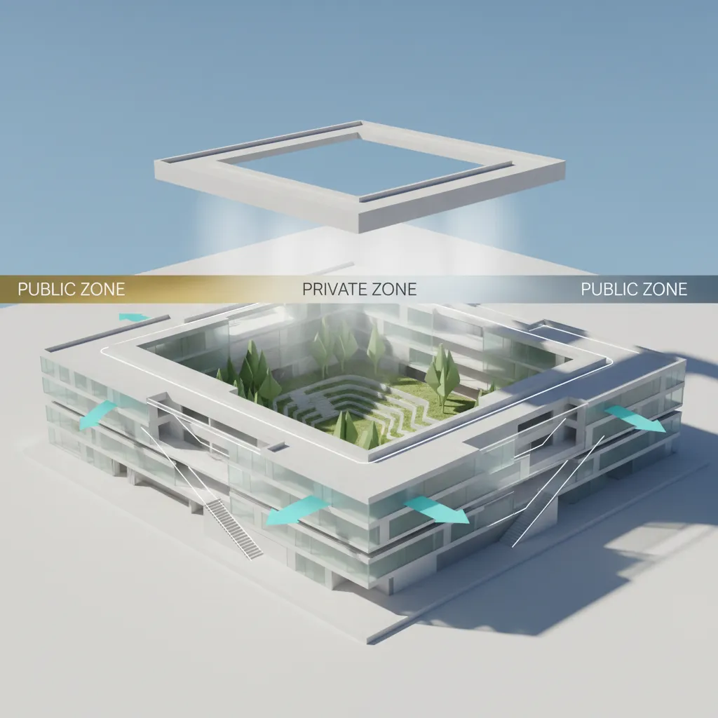 Interior design drawing of a modern courtyard building with public and private zones and green trees