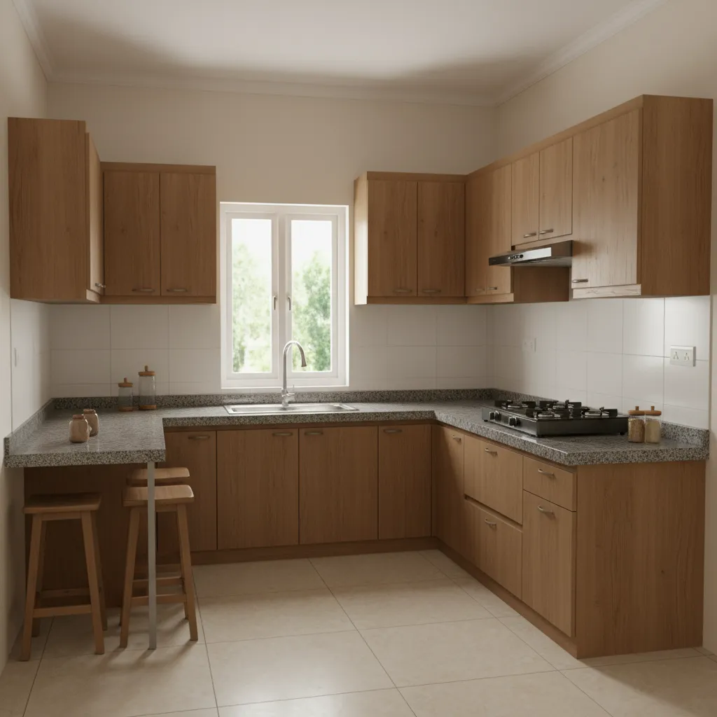 Affordable L shaped modular kitchen design with laminate finish