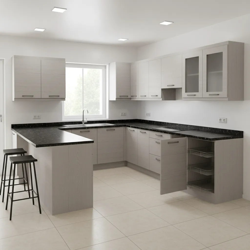 L shaped modular kitchen layout with upper cabinets and corner storage