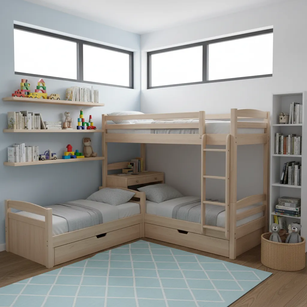 L shaped bunk bed corner layout in a kids bedroom