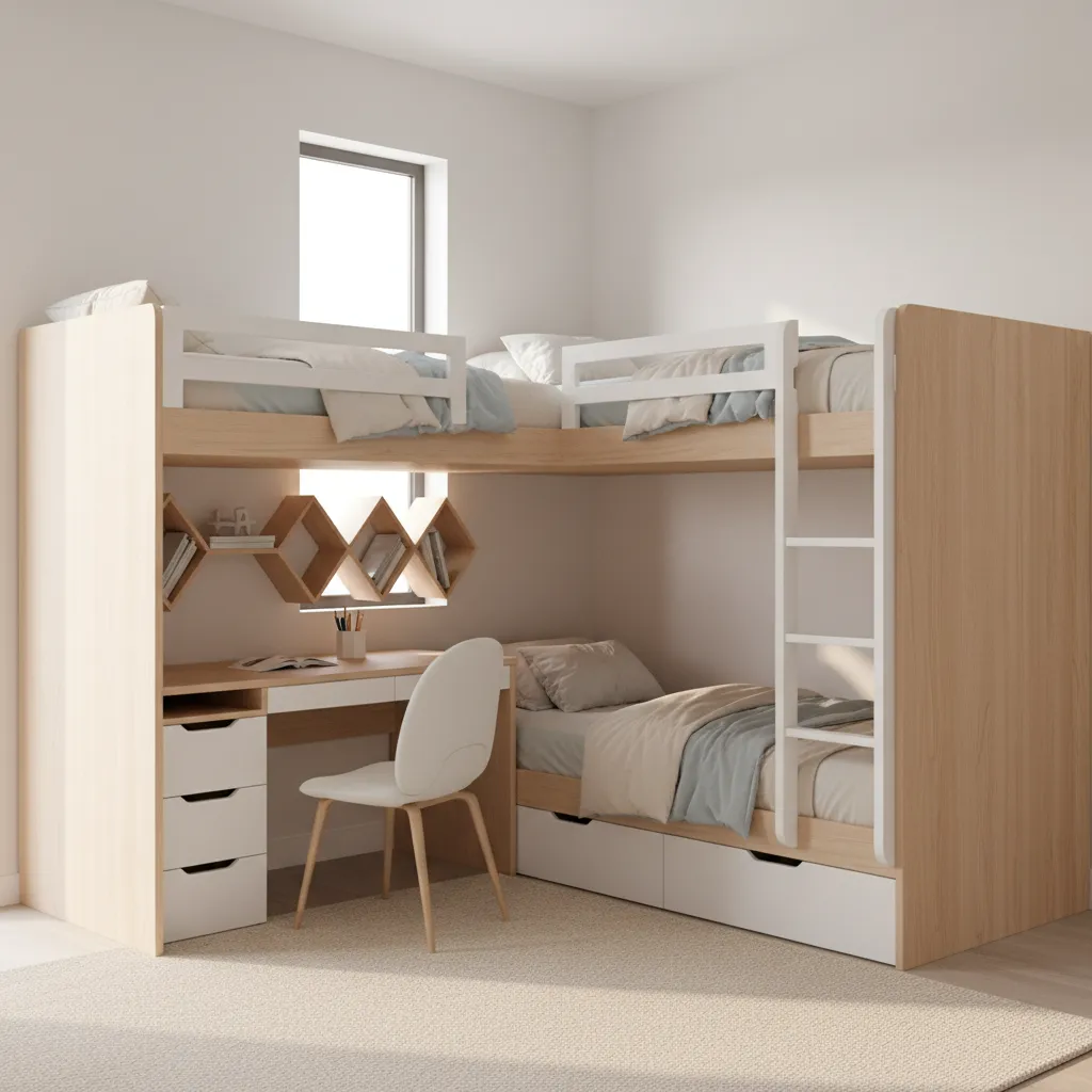 L shaped bunk bed design in a small bedroom corner