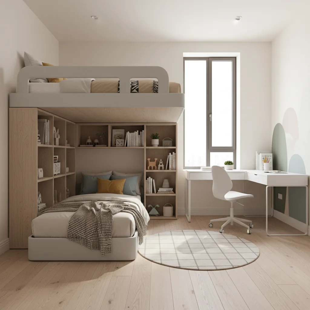 L shaped bunk bed design in shared kids bedroom