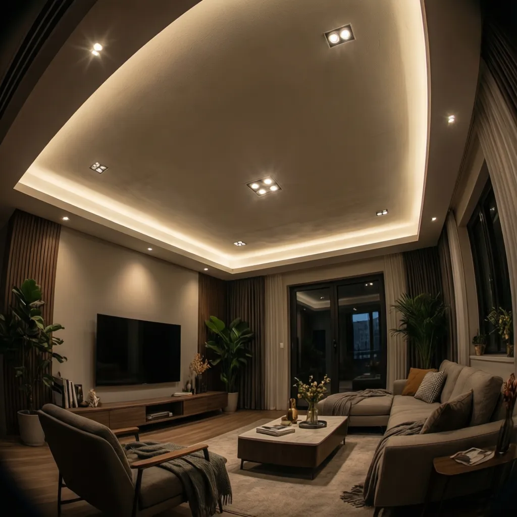 Corner lighting solution in an L shaped living room ceiling