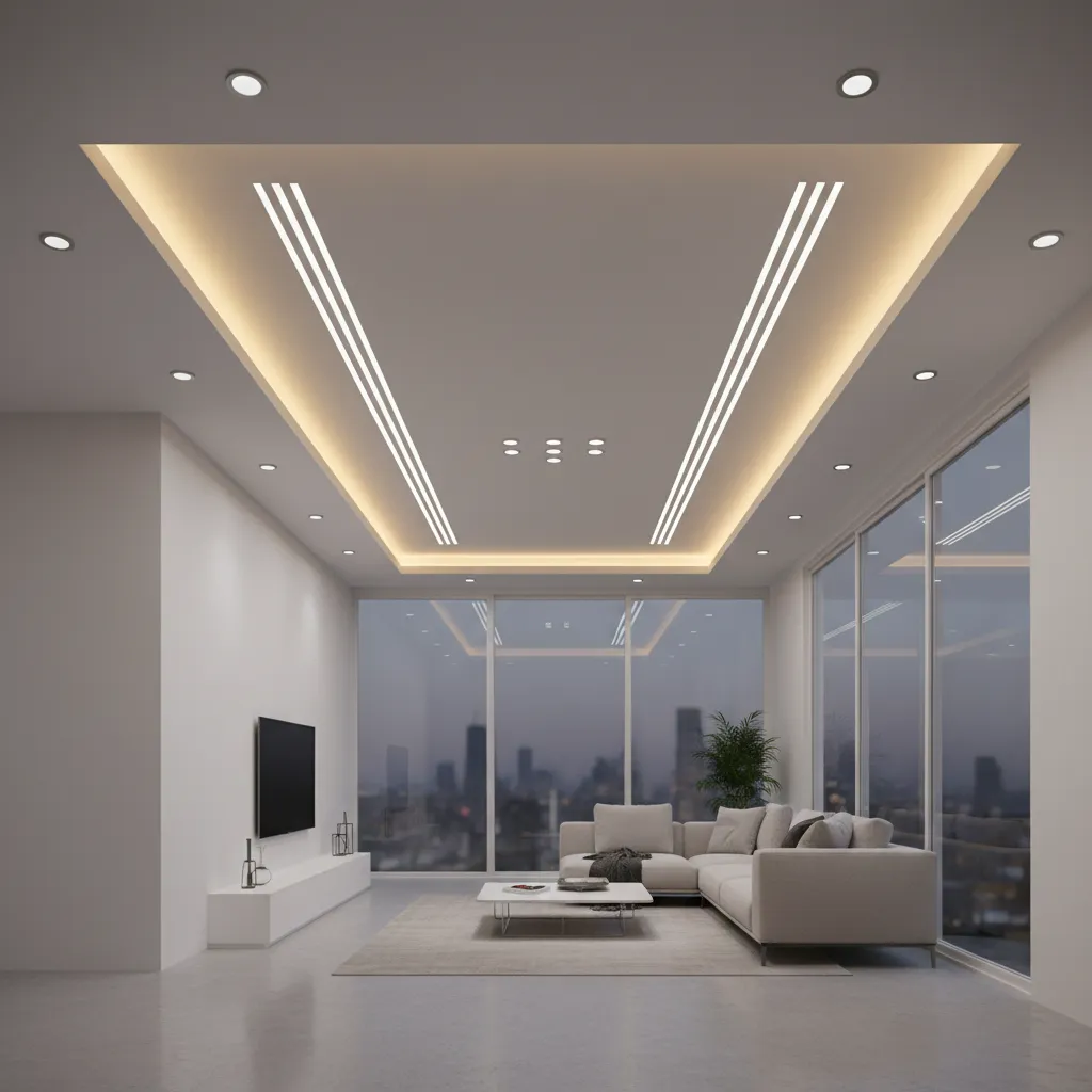 False ceiling layout showing lighting zones in L-shaped hall