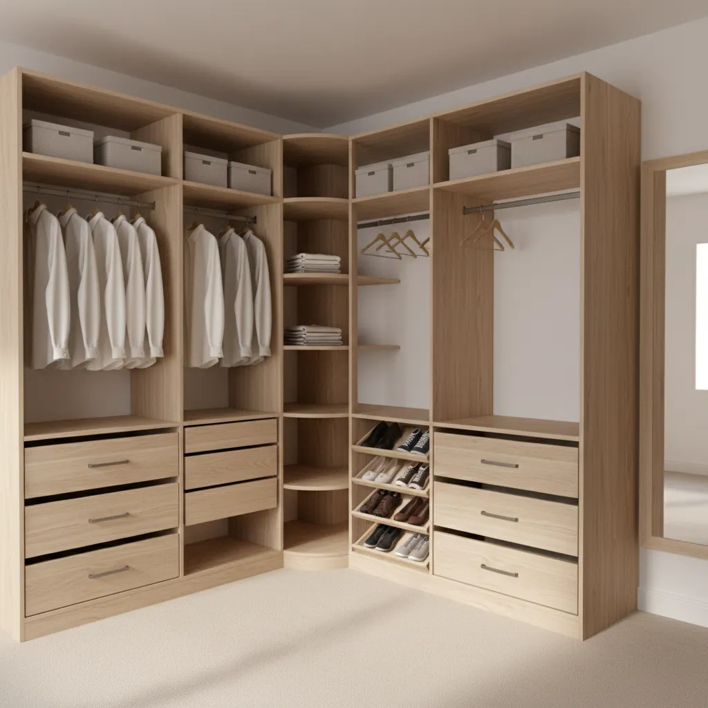 organized L shaped closet layout showing corner storage transition