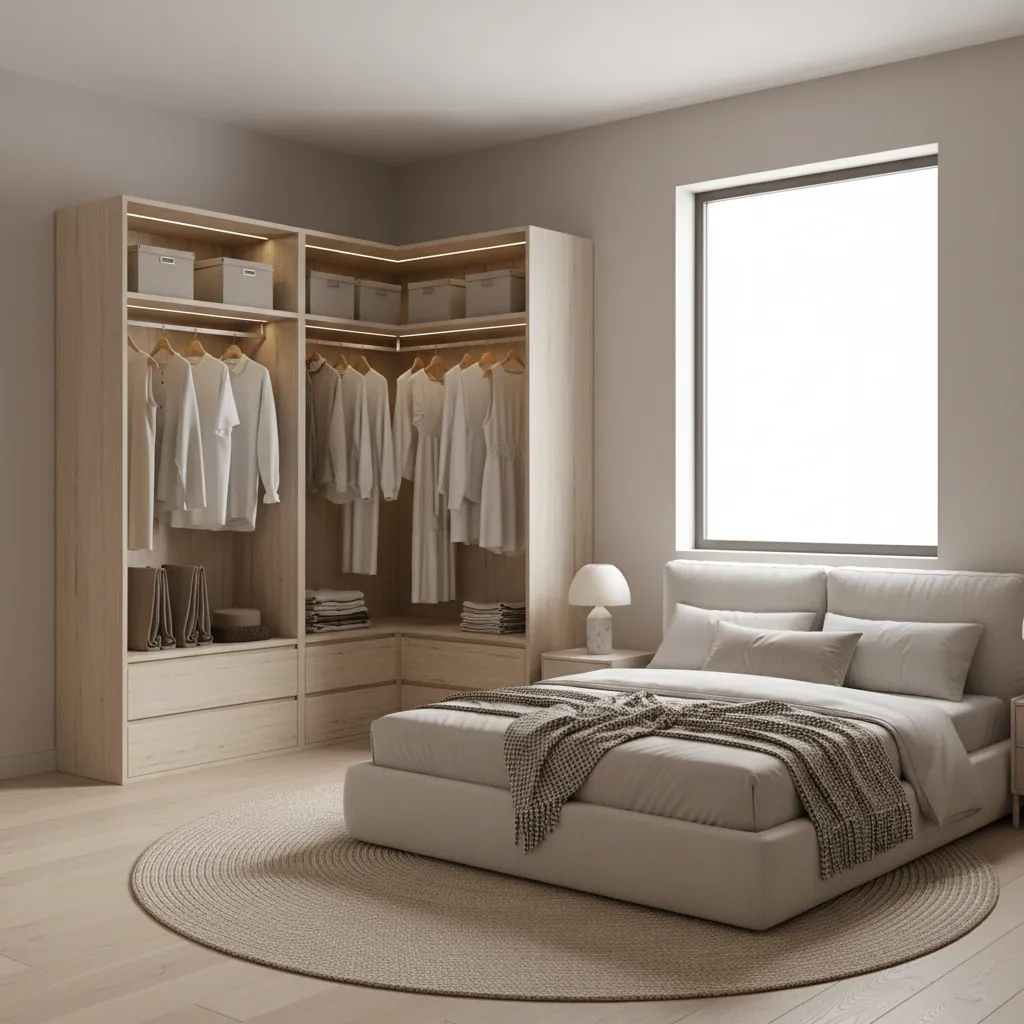 Modern bedroom corner with L shaped closet shelving and hanging storage system