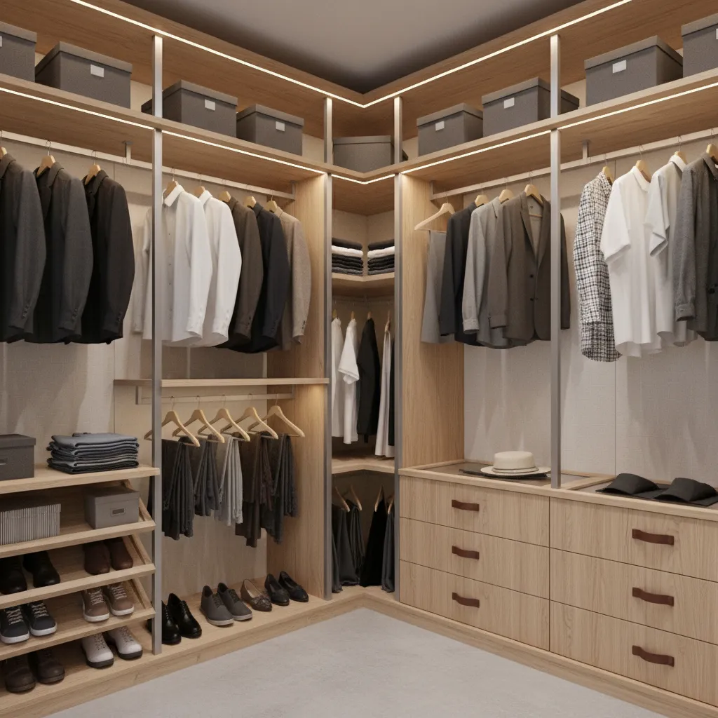 Example of wasted corner space in poorly designed L shaped closet