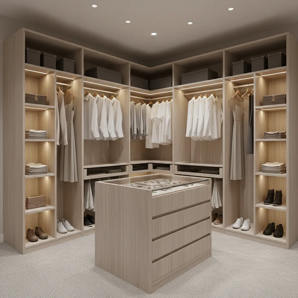 Overview of organized L shaped closet layout with hanging rods and shelving