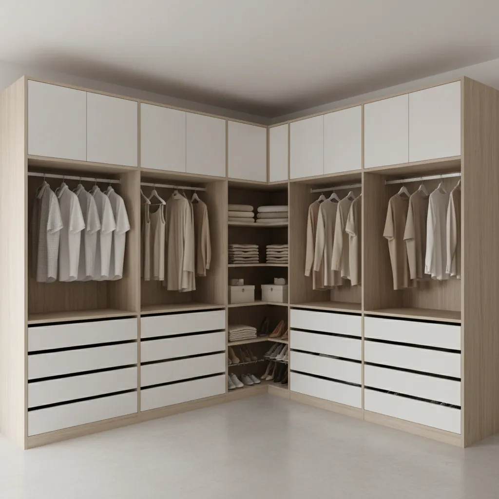Overview of an L shaped closet layout with hanging rods shelves and drawers