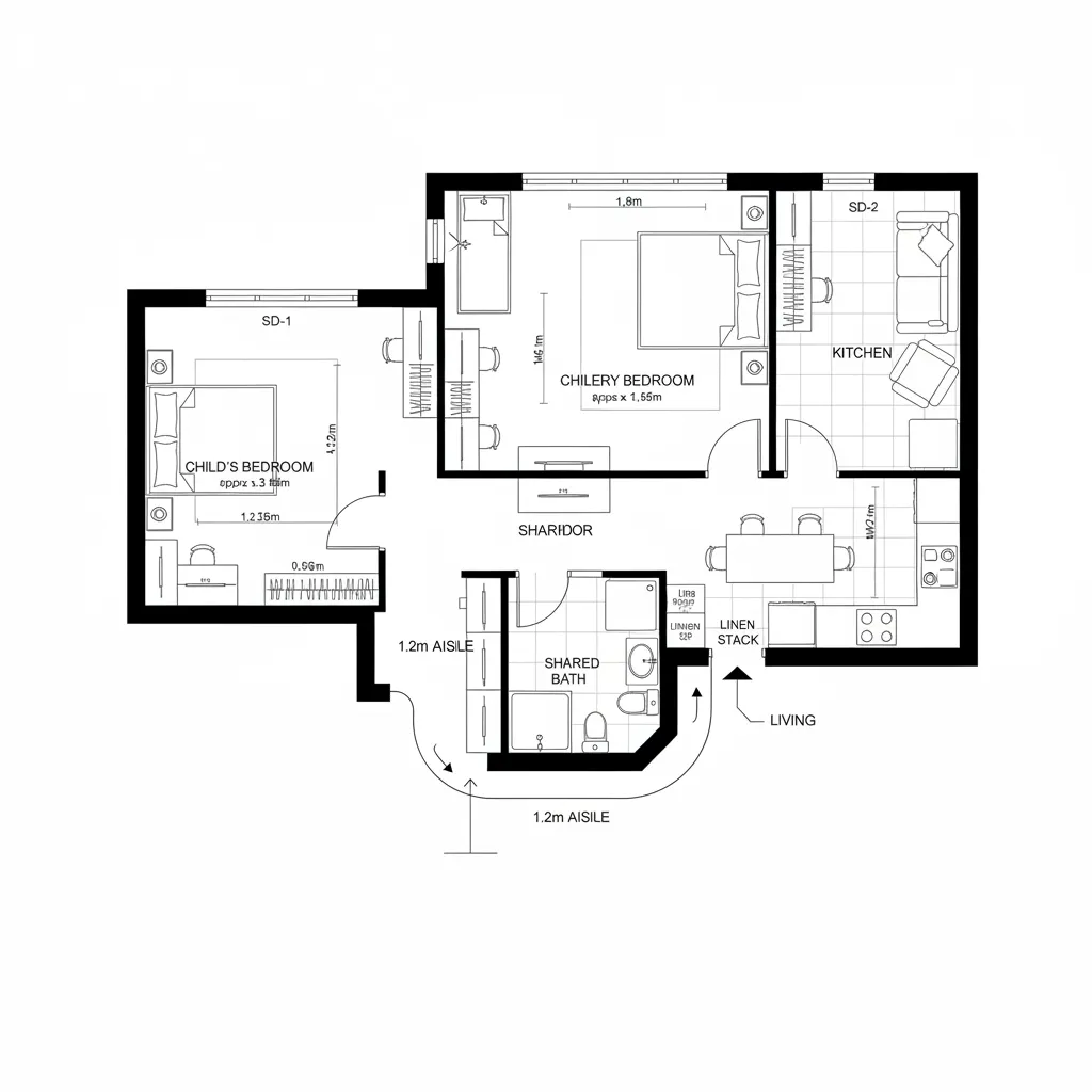Top-down CAD plan of an L-shaped bedroom cluster with shared bath and soft-bend corridor