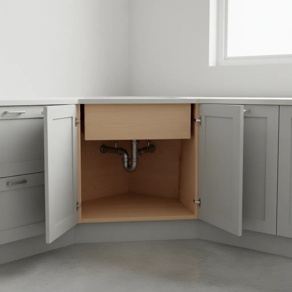 L shaped corner kitchen sink cabinet structure diagram style render