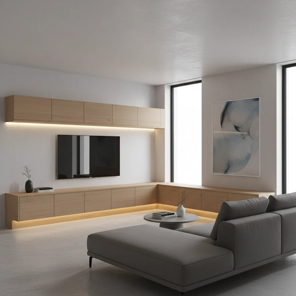 L shaped corner TV cabinet with storage and wall mounted television