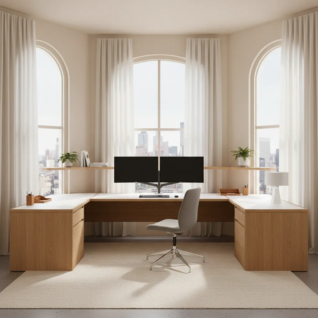 L shaped desk setup using the corner of a bay window home office