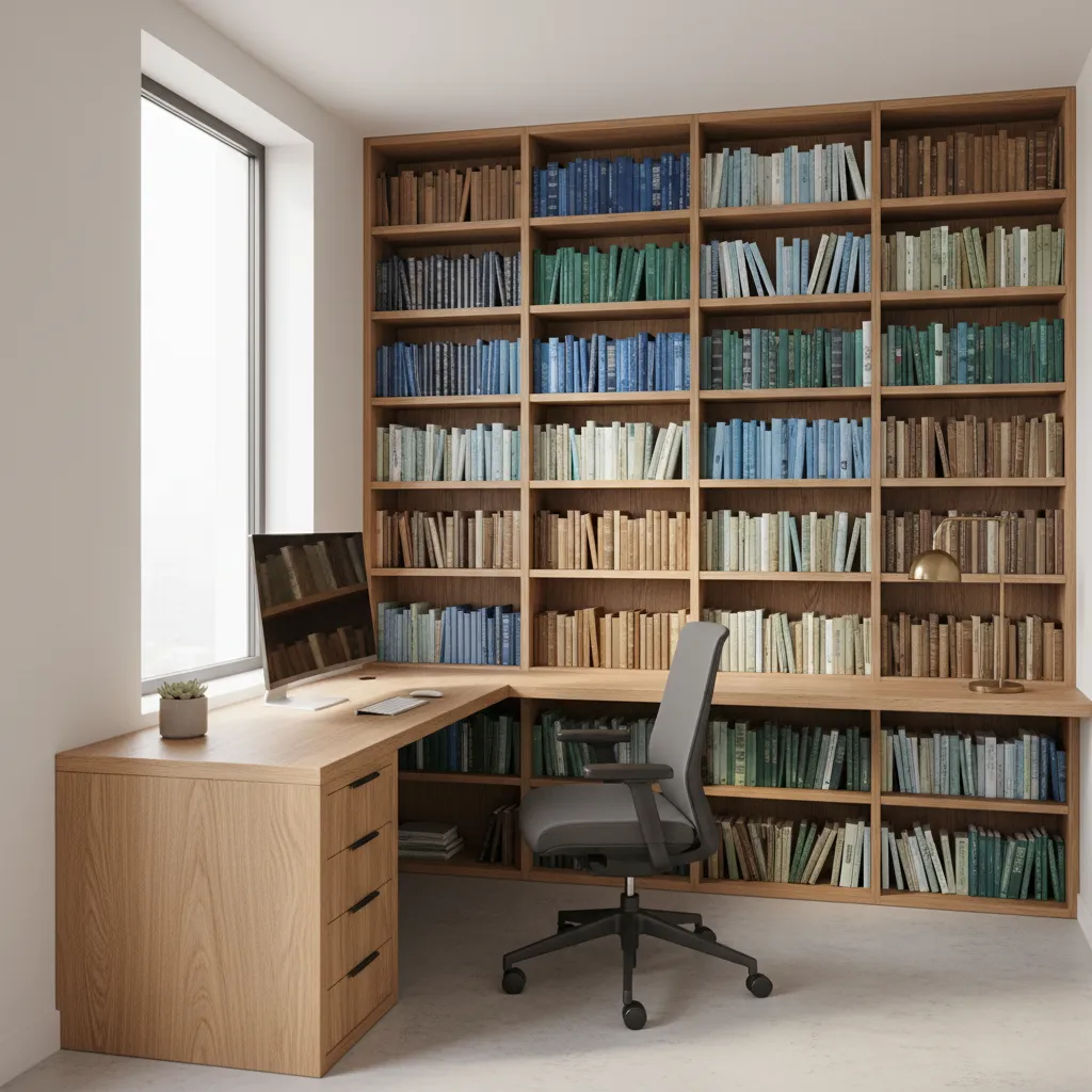 L shaped desk with bookshelf storage in a home office