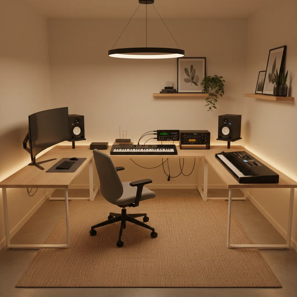 L shaped desk separating office workspace and music production gear