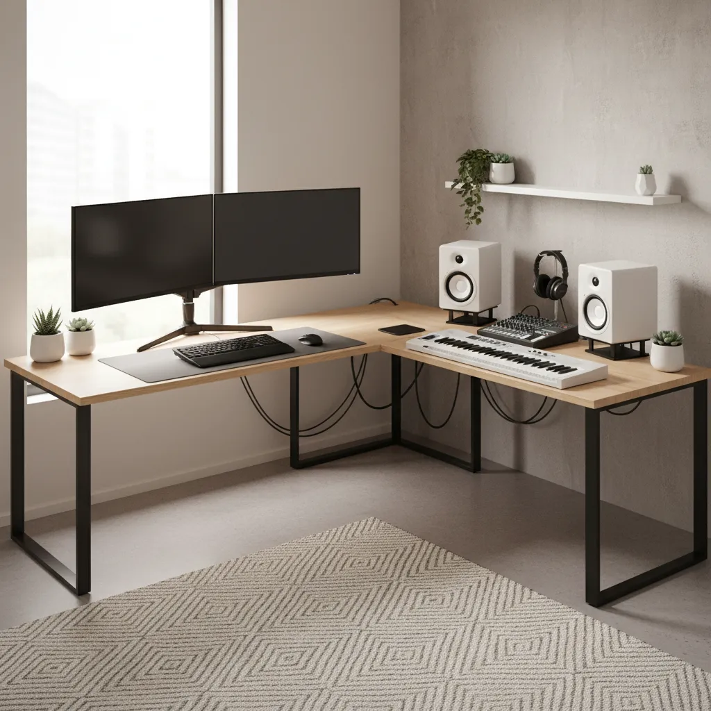 L shaped desk hybrid office and music production workspace