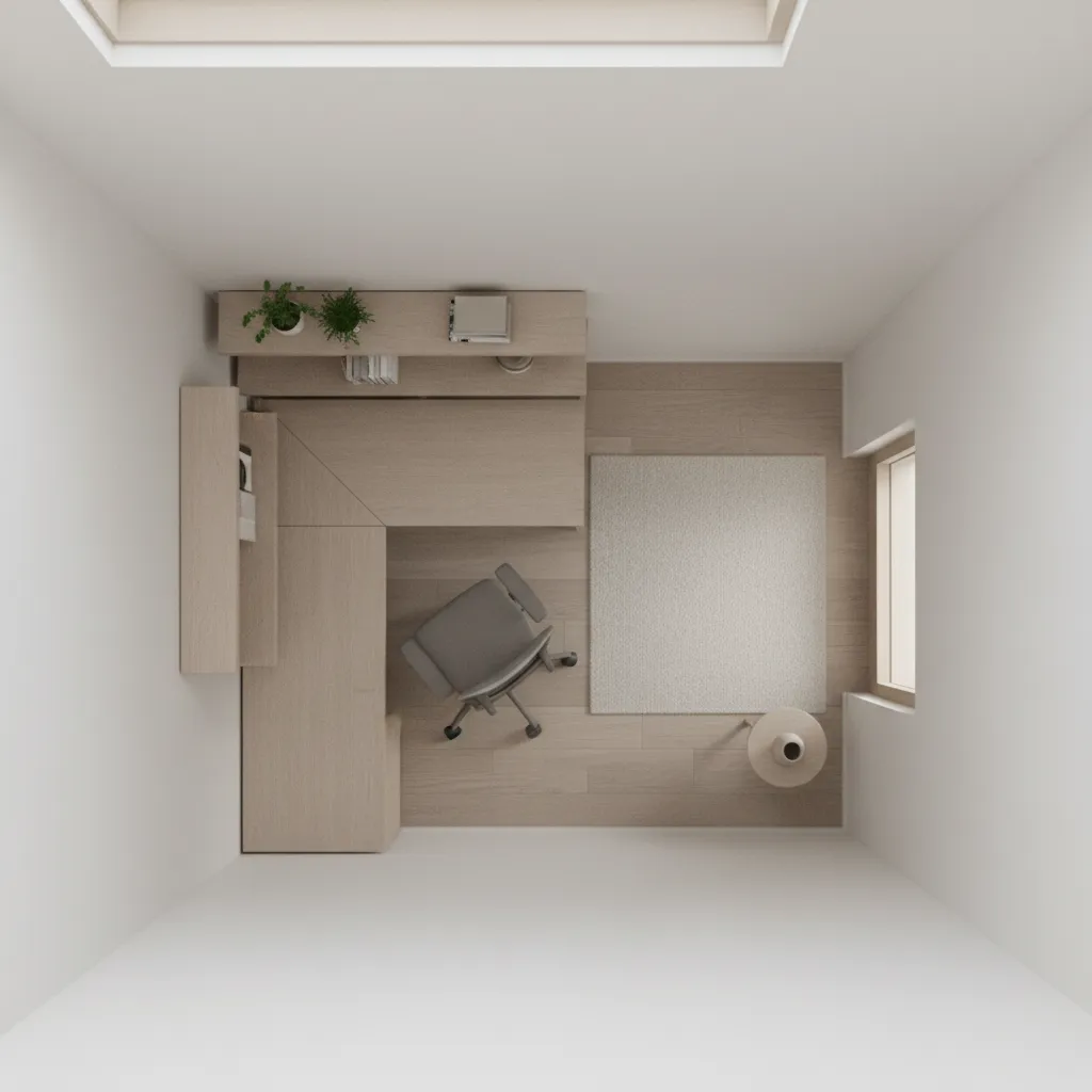 Top view layout of an L shaped desk arrangement in a small room