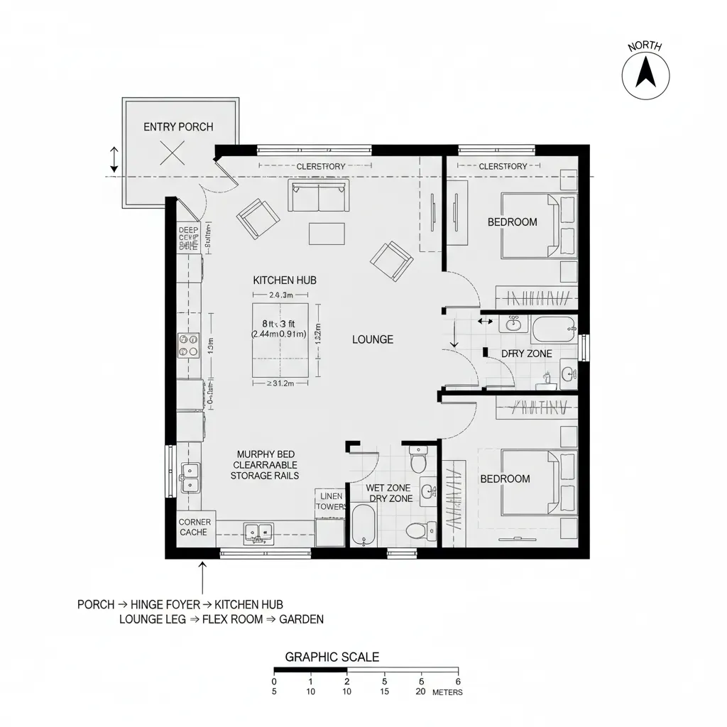 Top-down CAD floor plan of an L-shaped family core with a flexible edge room