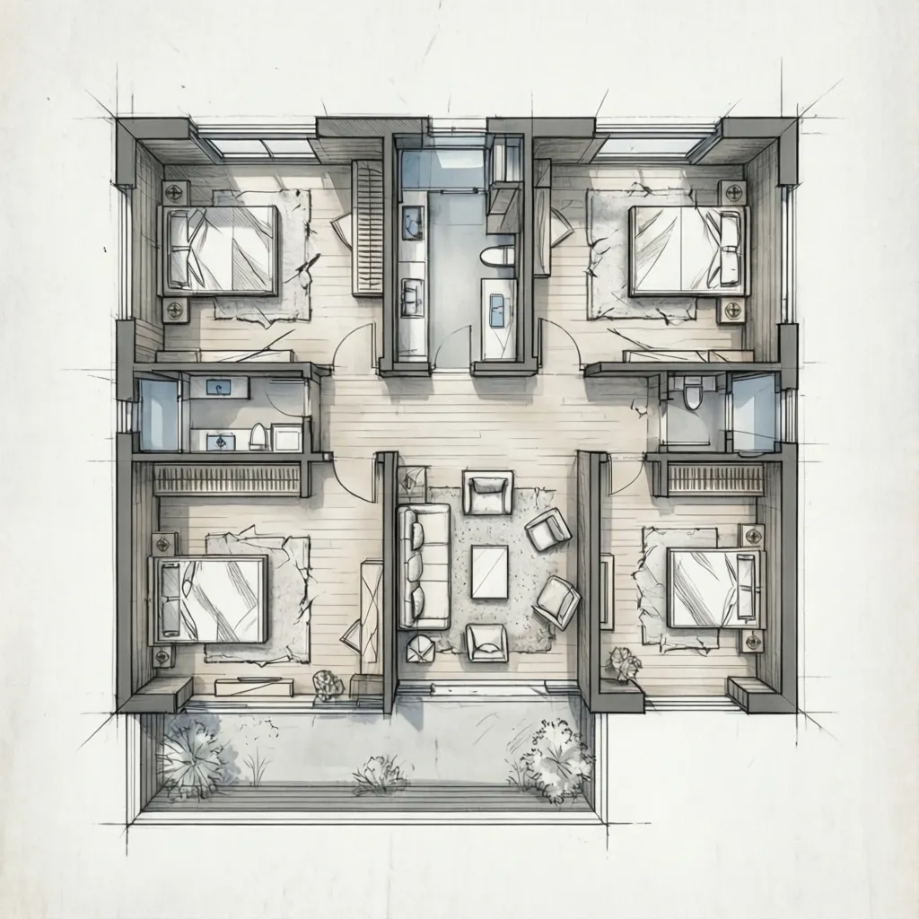 Plano arquitectónico de casa de planta baja en forma de L