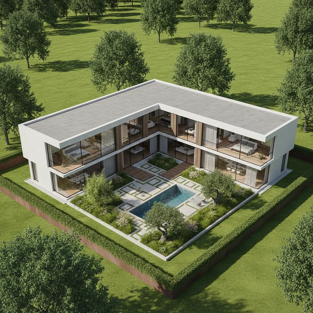 Aerial view of modern house with a private courtyard swimming pool garden and green trees