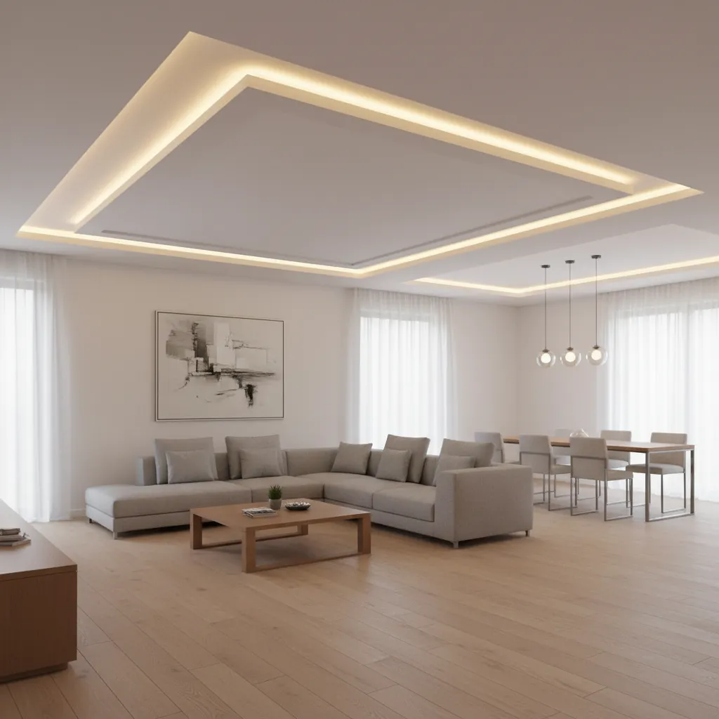 Ceiling design showing different visual weight in two sections of an L shaped hall