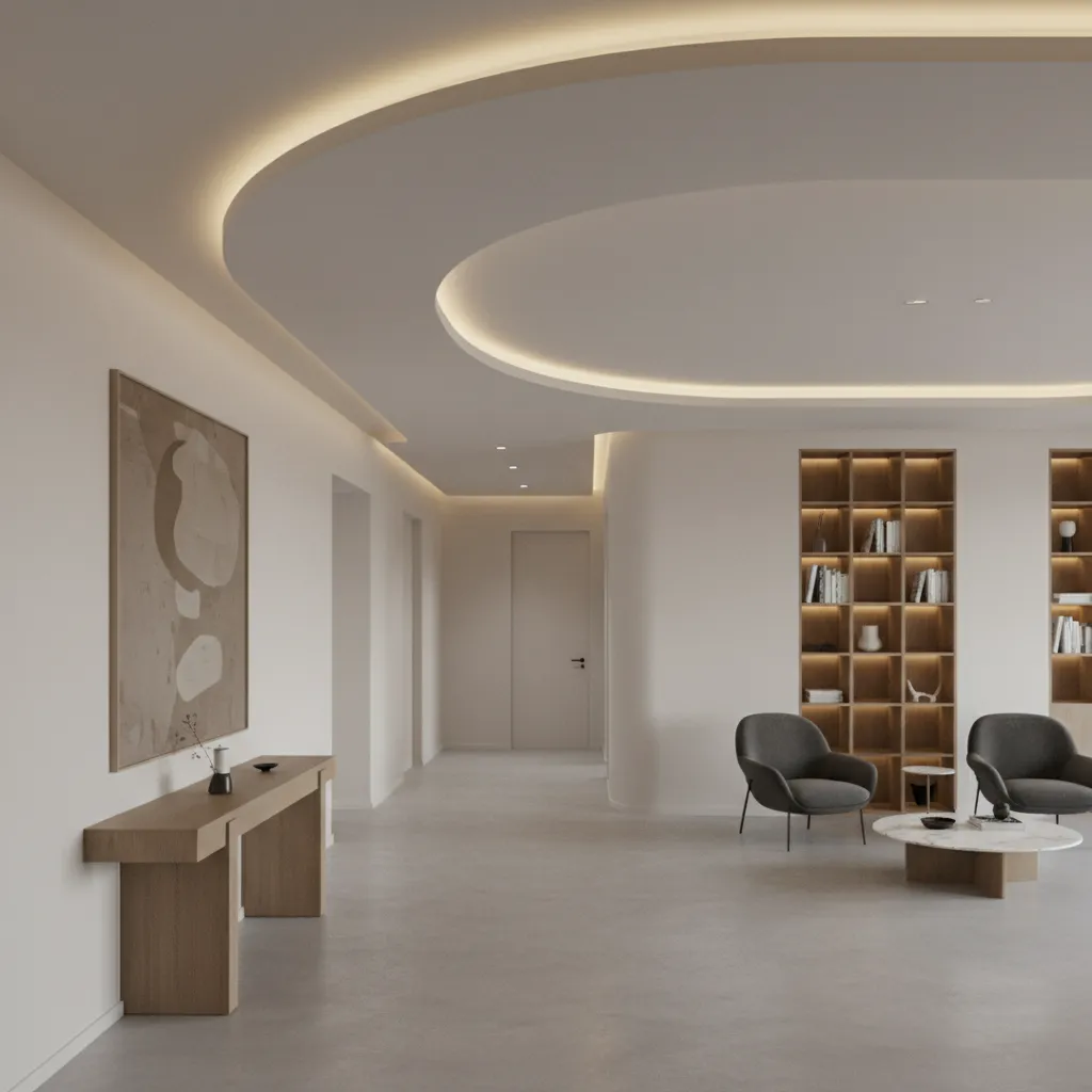 Ceiling corner transition design connecting two sections of an L shaped hall